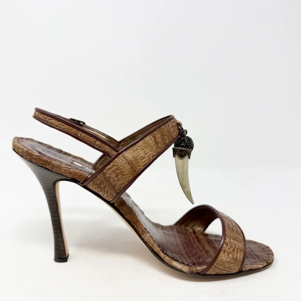Manolo Blahnik Python Leather Charm Slingback Sandals Heels Womens Size EU 38.5